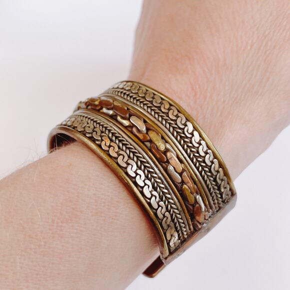 Vintage Boho Copper Mixed Metal Cuff Bracelet 1970s Ethnic Revival Jewelry - Picture 11 of 11